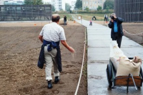 Landwirt Joachim Henke sät mit Schwung Roggen auf einem Feld aus.
